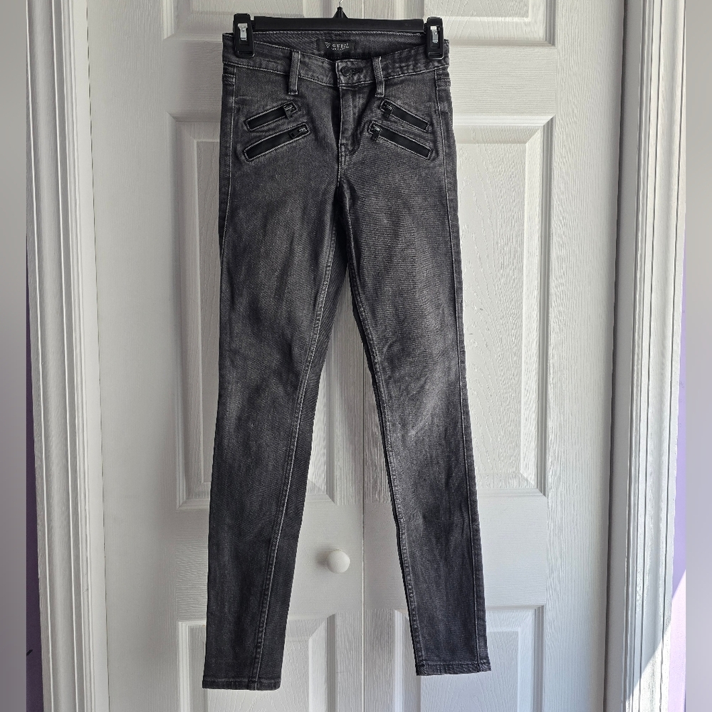 Guess Black Faux Zipper Design Moto Bikers Mid Rise Jeans Size 24 Length 36.5in